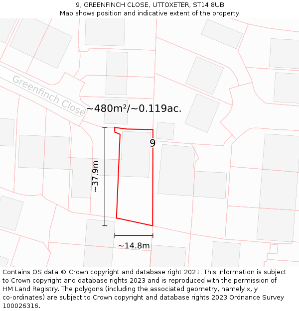 9, GREENFINCH CLOSE, UTTOXETER, ST14 8UB: Plot and title map