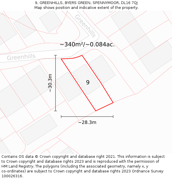 9, GREENHILLS, BYERS GREEN, SPENNYMOOR, DL16 7QJ: Plot and title map