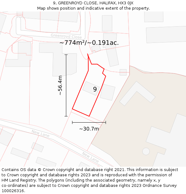 9, GREENROYD CLOSE, HALIFAX, HX3 0JX: Plot and title map