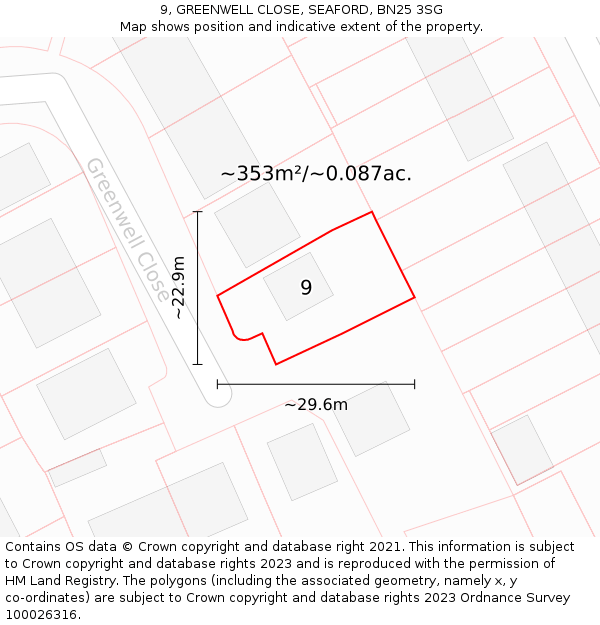 9, GREENWELL CLOSE, SEAFORD, BN25 3SG: Plot and title map