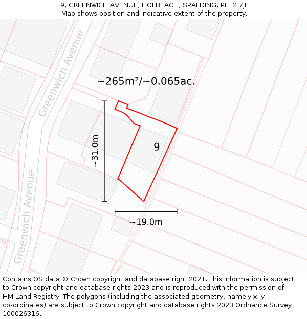 9, GREENWICH AVENUE, HOLBEACH, SPALDING, PE12 7JF: Plot and title map