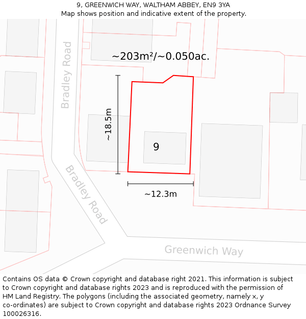 9, GREENWICH WAY, WALTHAM ABBEY, EN9 3YA: Plot and title map
