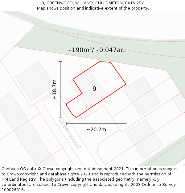 9, GREENWOOD, WILLAND, CULLOMPTON, EX15 2SY: Plot and title map
