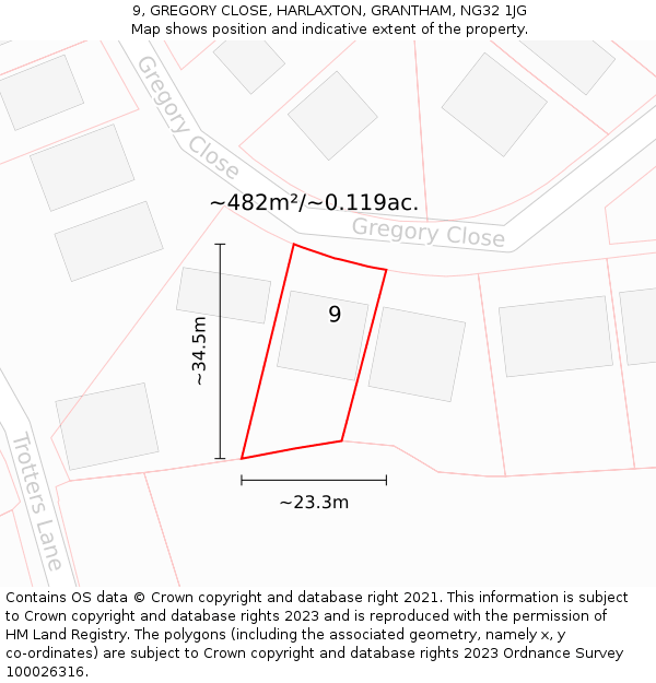 9, GREGORY CLOSE, HARLAXTON, GRANTHAM, NG32 1JG: Plot and title map