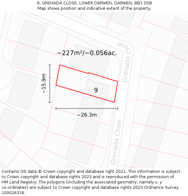 9, GRENADA CLOSE, LOWER DARWEN, DARWEN, BB3 0SB: Plot and title map