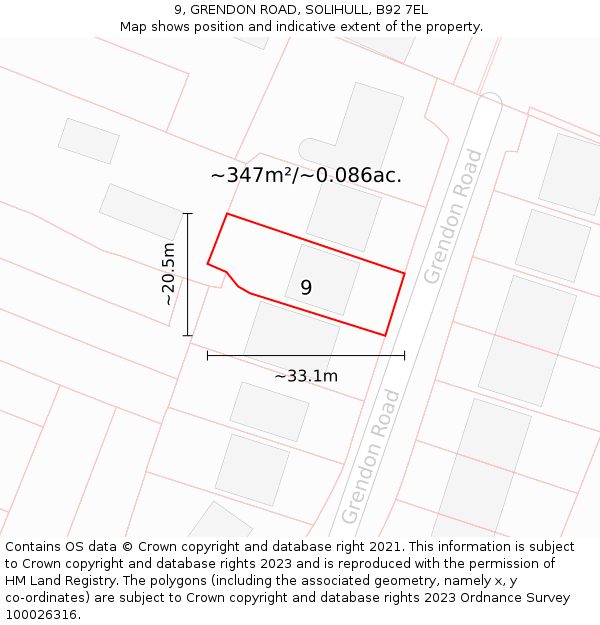 9, GRENDON ROAD, SOLIHULL, B92 7EL: Plot and title map