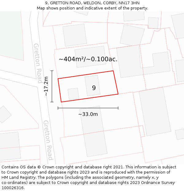 9, GRETTON ROAD, WELDON, CORBY, NN17 3HN: Plot and title map