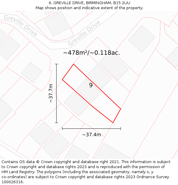 9, GREVILLE DRIVE, BIRMINGHAM, B15 2UU: Plot and title map