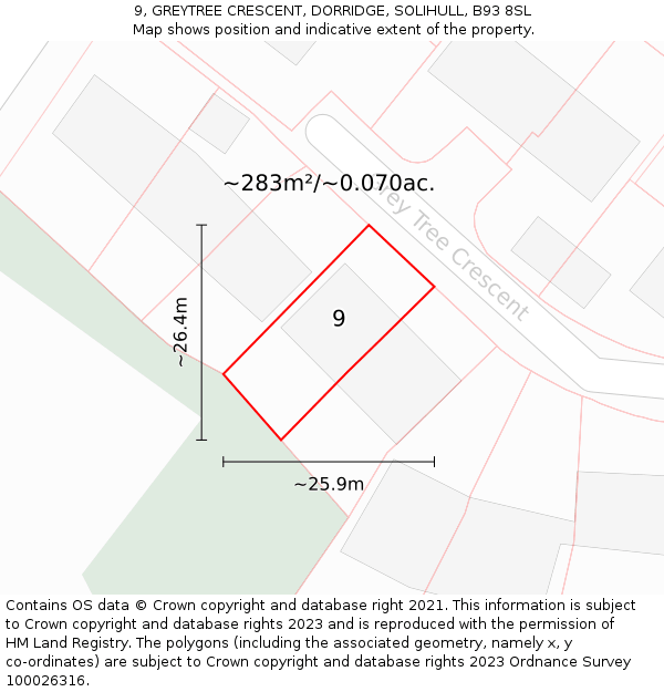 9, GREYTREE CRESCENT, DORRIDGE, SOLIHULL, B93 8SL: Plot and title map