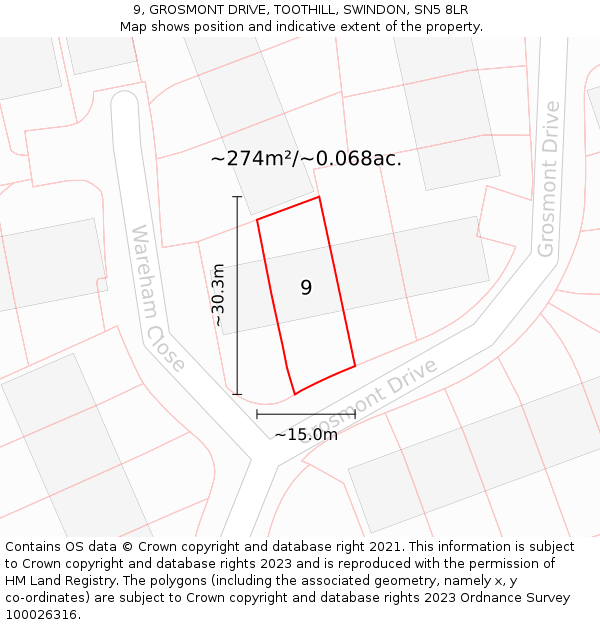 9, GROSMONT DRIVE, TOOTHILL, SWINDON, SN5 8LR: Plot and title map