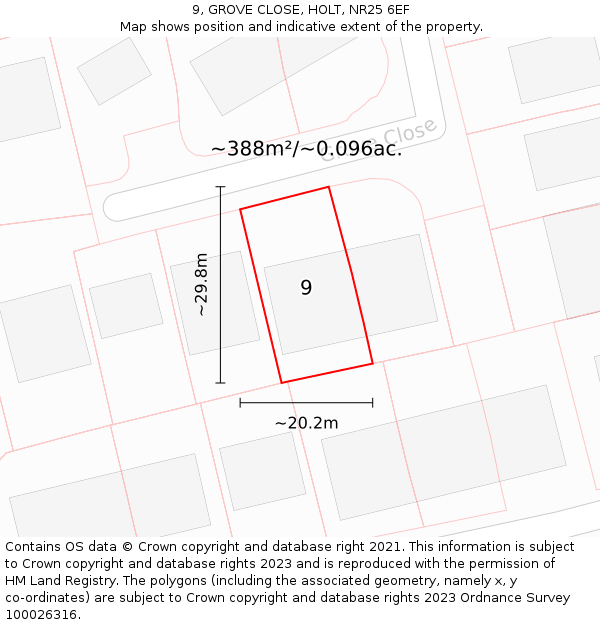 9, GROVE CLOSE, HOLT, NR25 6EF: Plot and title map