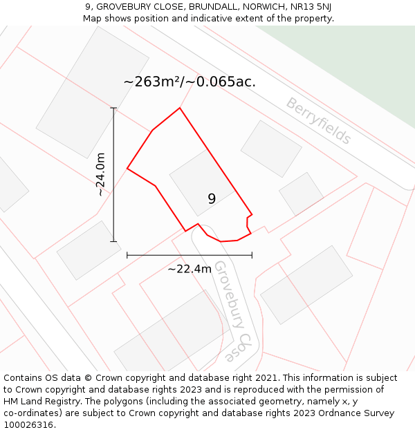 9, GROVEBURY CLOSE, BRUNDALL, NORWICH, NR13 5NJ: Plot and title map