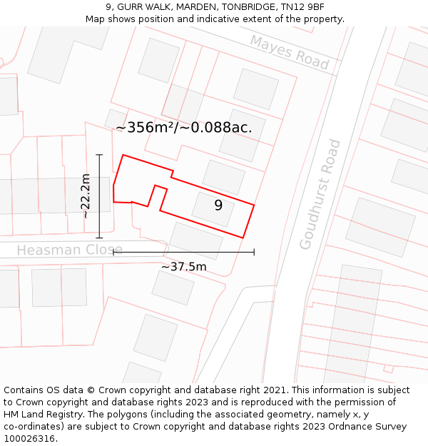 9, GURR WALK, MARDEN, TONBRIDGE, TN12 9BF: Plot and title map