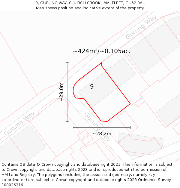 9, GURUNG WAY, CHURCH CROOKHAM, FLEET, GU52 8AU: Plot and title map