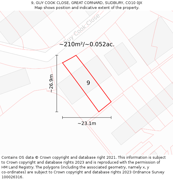 9, GUY COOK CLOSE, GREAT CORNARD, SUDBURY, CO10 0JX: Plot and title map