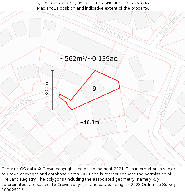 9, HACKNEY CLOSE, RADCLIFFE, MANCHESTER, M26 4UG: Plot and title map
