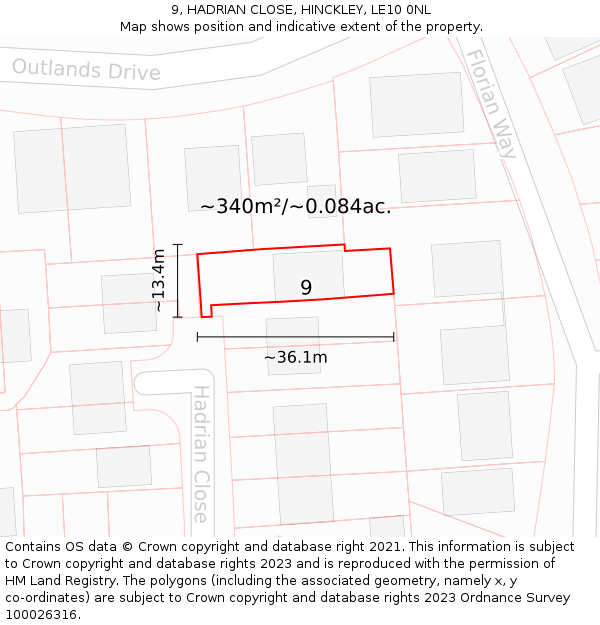 9, HADRIAN CLOSE, HINCKLEY, LE10 0NL: Plot and title map