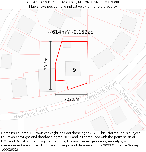 9, HADRIANS DRIVE, BANCROFT, MILTON KEYNES, MK13 0PL: Plot and title map