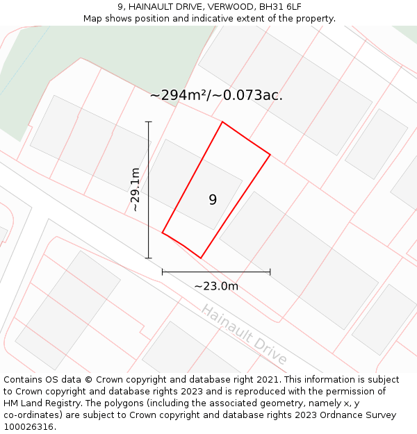 9, HAINAULT DRIVE, VERWOOD, BH31 6LF: Plot and title map