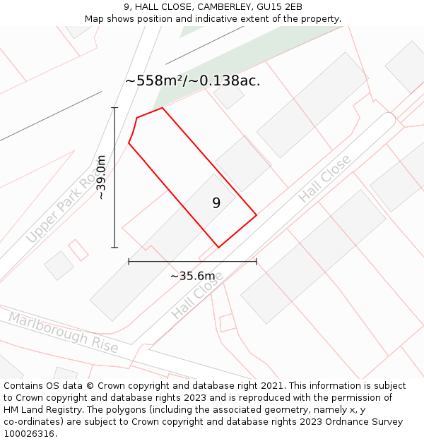 9, HALL CLOSE, CAMBERLEY, GU15 2EB: Plot and title map