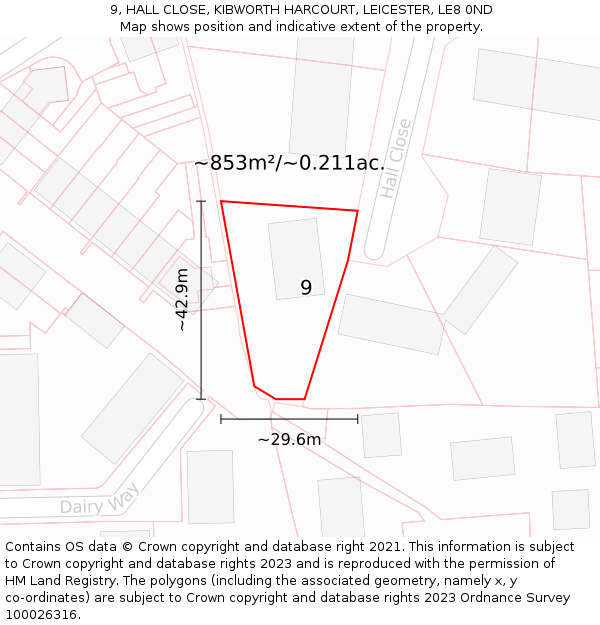 9, HALL CLOSE, KIBWORTH HARCOURT, LEICESTER, LE8 0ND: Plot and title map