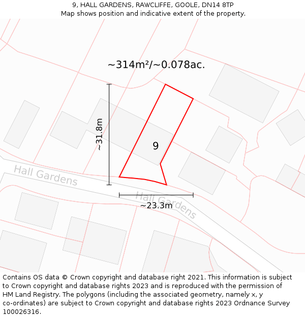 9, HALL GARDENS, RAWCLIFFE, GOOLE, DN14 8TP: Plot and title map