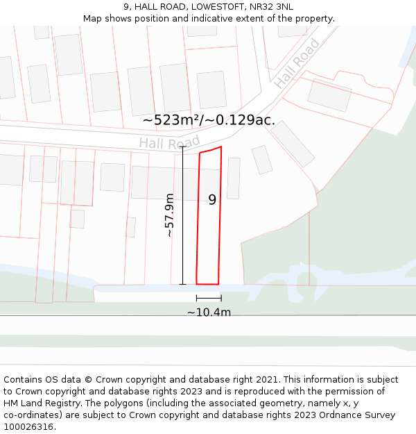 9, HALL ROAD, LOWESTOFT, NR32 3NL: Plot and title map