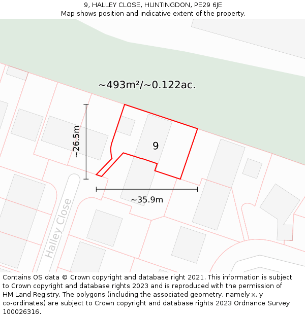 9, HALLEY CLOSE, HUNTINGDON, PE29 6JE: Plot and title map