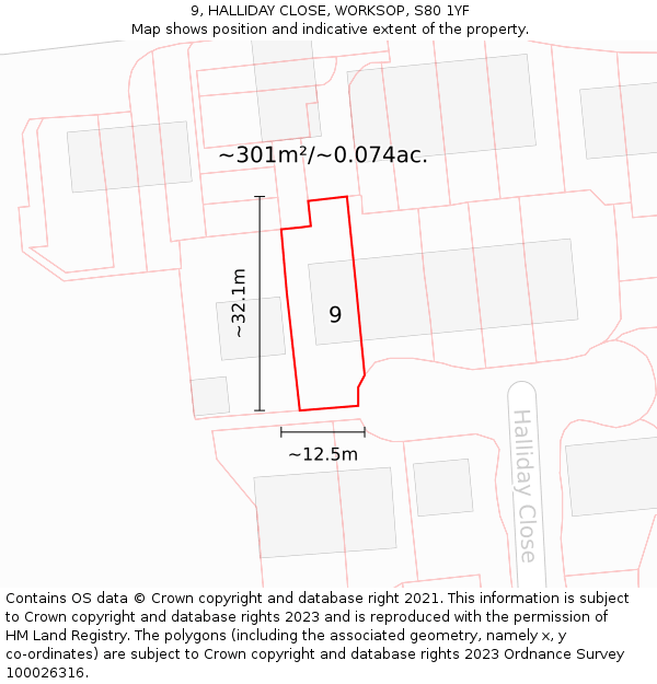 9, HALLIDAY CLOSE, WORKSOP, S80 1YF: Plot and title map