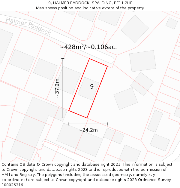 9, HALMER PADDOCK, SPALDING, PE11 2HF: Plot and title map
