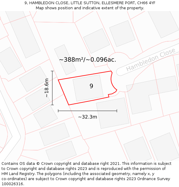 9, HAMBLEDON CLOSE, LITTLE SUTTON, ELLESMERE PORT, CH66 4YF: Plot and title map