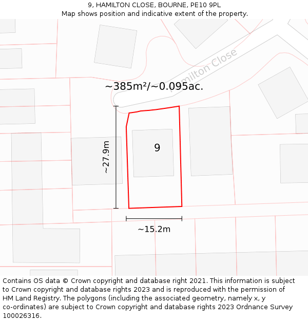 9, HAMILTON CLOSE, BOURNE, PE10 9PL: Plot and title map