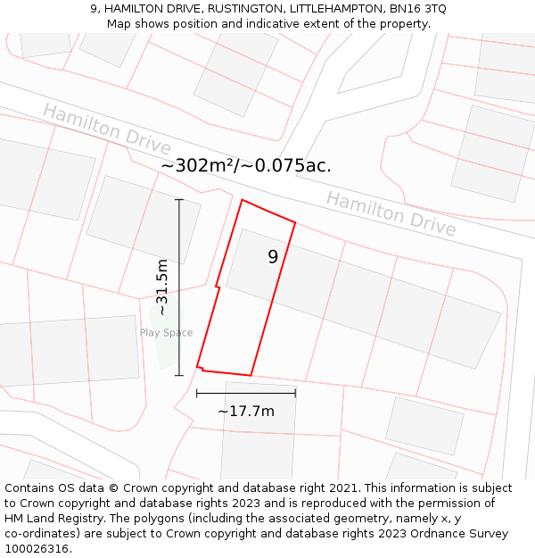 9, HAMILTON DRIVE, RUSTINGTON, LITTLEHAMPTON, BN16 3TQ: Plot and title map