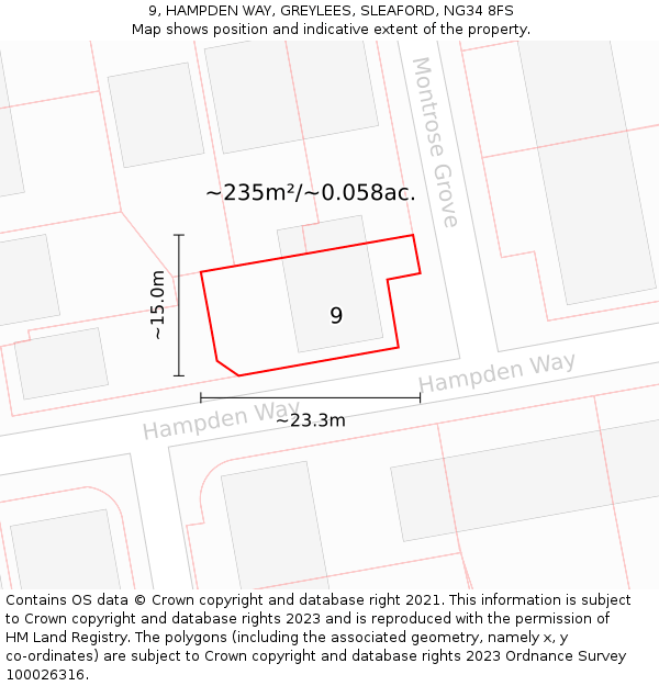 9, HAMPDEN WAY, GREYLEES, SLEAFORD, NG34 8FS: Plot and title map