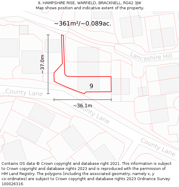 9, HAMPSHIRE RISE, WARFIELD, BRACKNELL, RG42 3JW: Plot and title map