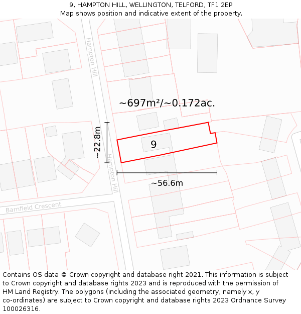 9, HAMPTON HILL, WELLINGTON, TELFORD, TF1 2EP: Plot and title map