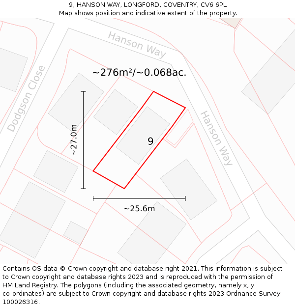9, HANSON WAY, LONGFORD, COVENTRY, CV6 6PL: Plot and title map