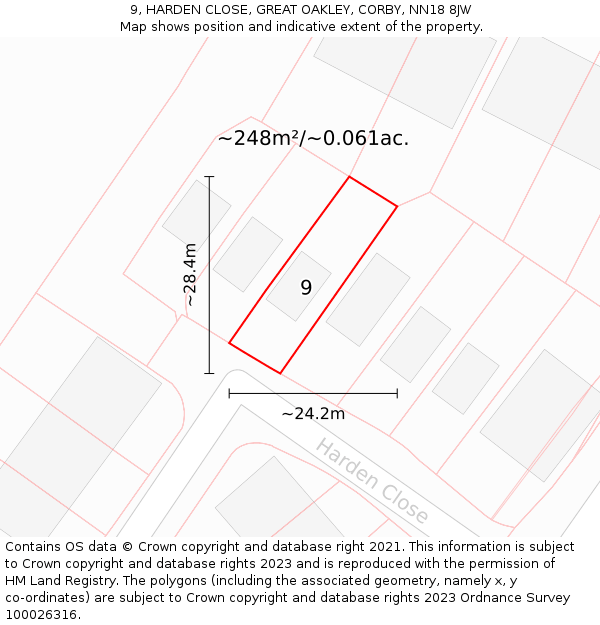 9, HARDEN CLOSE, GREAT OAKLEY, CORBY, NN18 8JW: Plot and title map