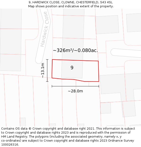 9, HARDWICK CLOSE, CLOWNE, CHESTERFIELD, S43 4SL: Plot and title map