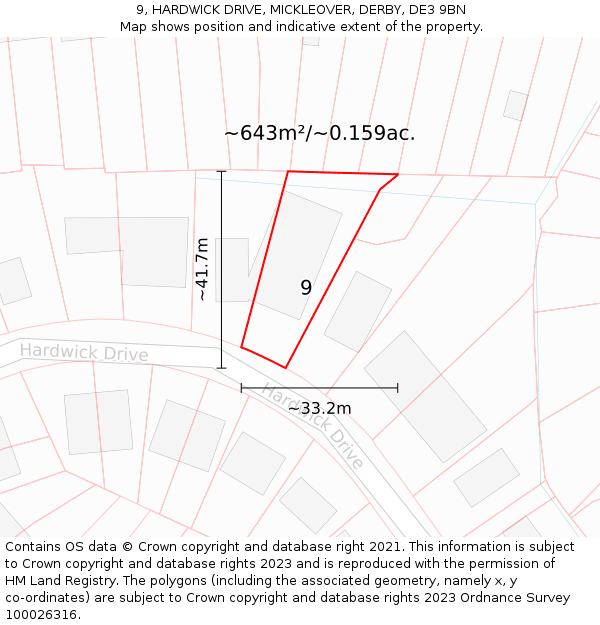 9, HARDWICK DRIVE, MICKLEOVER, DERBY, DE3 9BN: Plot and title map