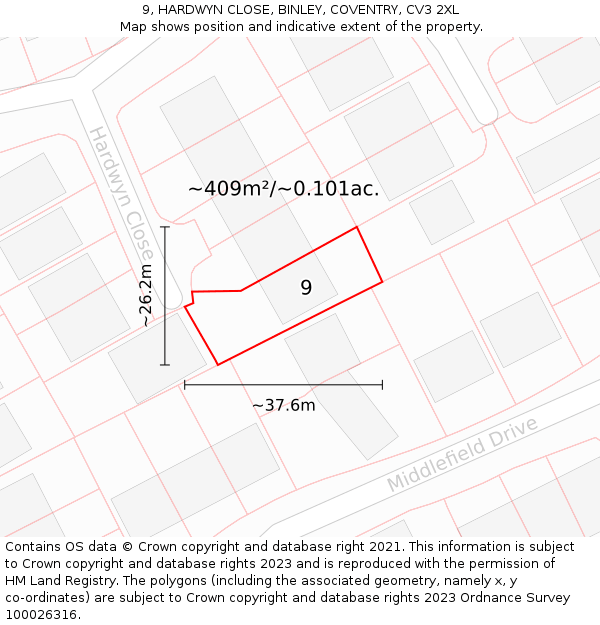 9, HARDWYN CLOSE, BINLEY, COVENTRY, CV3 2XL: Plot and title map