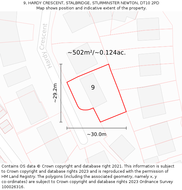 9, HARDY CRESCENT, STALBRIDGE, STURMINSTER NEWTON, DT10 2PD: Plot and title map