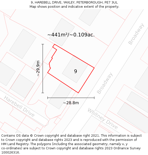 9, HAREBELL DRIVE, YAXLEY, PETERBOROUGH, PE7 3UL: Plot and title map