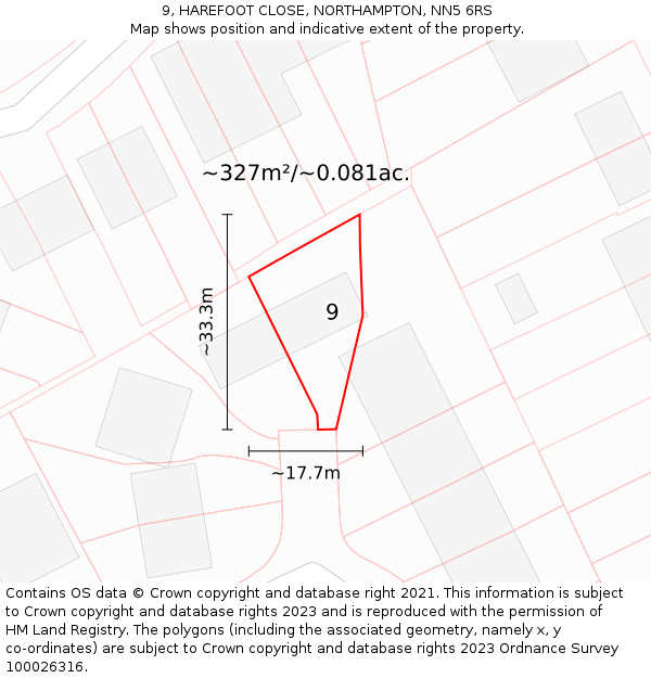 9, HAREFOOT CLOSE, NORTHAMPTON, NN5 6RS: Plot and title map