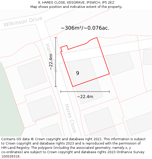 9, HARES CLOSE, KESGRAVE, IPSWICH, IP5 2EZ: Plot and title map