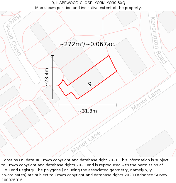 9, HAREWOOD CLOSE, YORK, YO30 5XQ: Plot and title map