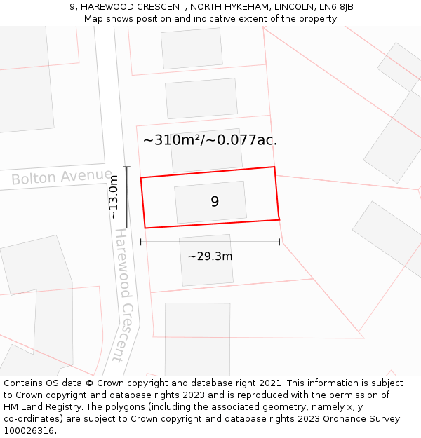 9, HAREWOOD CRESCENT, NORTH HYKEHAM, LINCOLN, LN6 8JB: Plot and title map