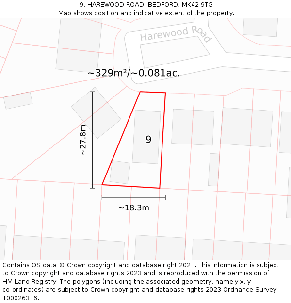 9, HAREWOOD ROAD, BEDFORD, MK42 9TG: Plot and title map