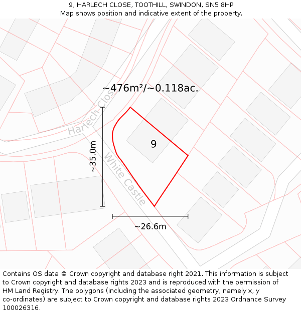 9, HARLECH CLOSE, TOOTHILL, SWINDON, SN5 8HP: Plot and title map