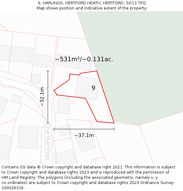 9, HARLINGS, HERTFORD HEATH, HERTFORD, SG13 7PQ: Plot and title map